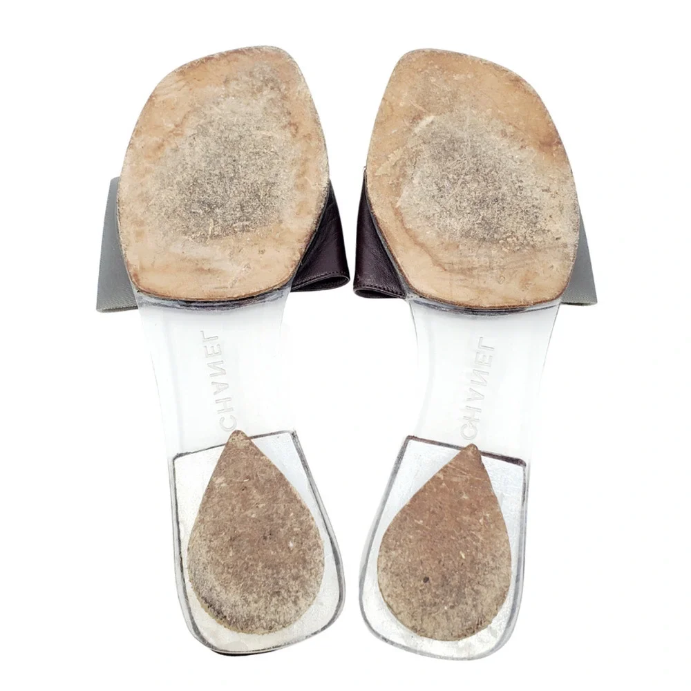 Chanel Sandals Brown Leather Flat Slides LOGO Clear Block PVC Mules EU 36.5